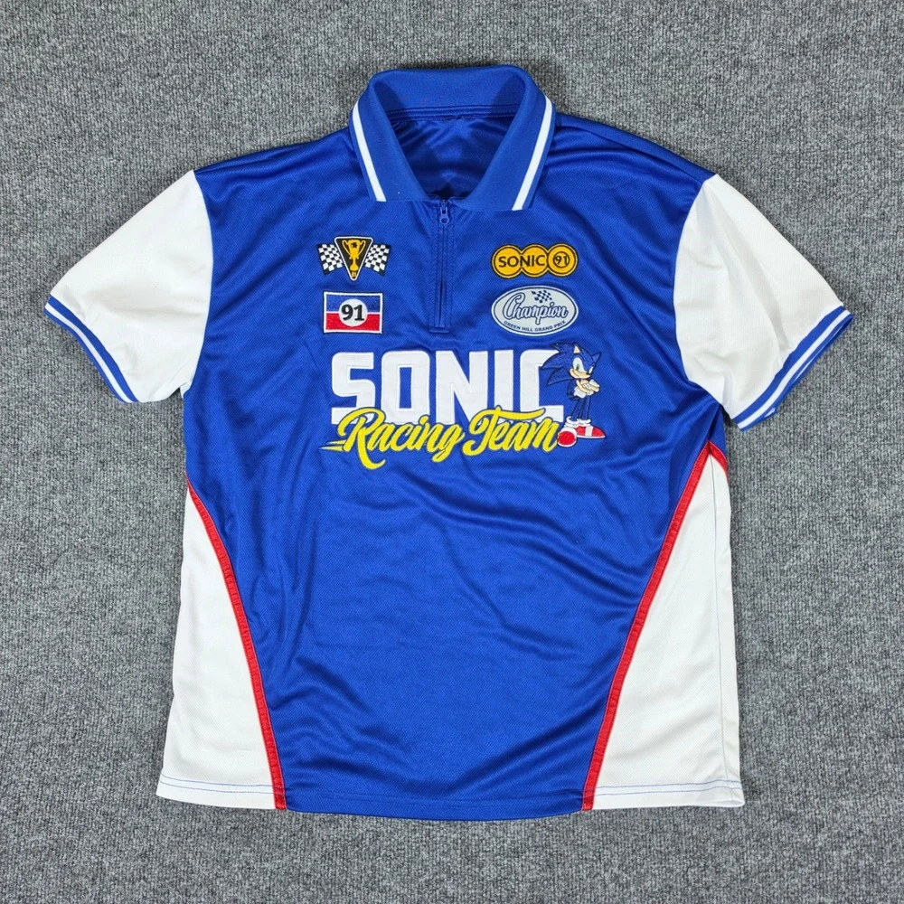 Sega Sonic Racing Team Jersey Patch Polo Shirt Blue White Mens Large Sonic Zip